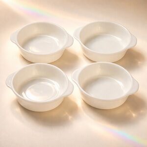 Set of 4 Swirl White Fire King Oven Ware Individual Casseroles Anchor Hocking